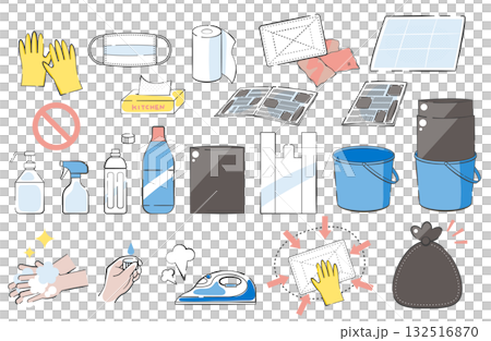 Illustration set of vomit disposal goods that you should prepare to prevent infectious gastroenteritis Illustration set of vomit disposal goods that you should prepare to prevent infectious gastroenteritis 132516870