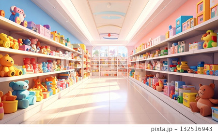 A woman pushes a shopping cart down a bright aisle while buying food in a grocery supermarket 132516943