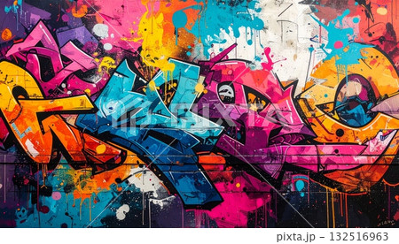 Colorful graffiti art painted on a textured brick wall in the urban city street Colorful graffiti art painted on a textured brick wall in the urban city street 132516963
