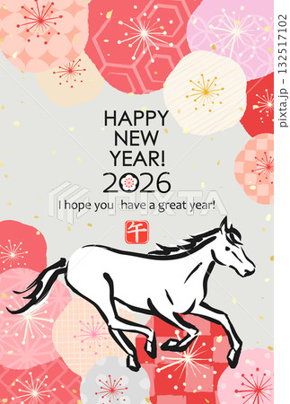 日本の2026年賀素材 いろいろな柄の梅の花模様に馬 日本の2026年賀素材 いろいろな柄の梅の花模様に馬 132517102