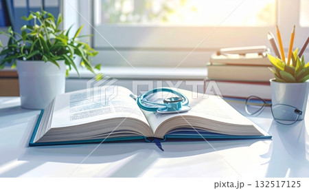 An open book and glasses rest on a business desk next to a laptop for learning and knowledge 132517125
