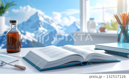 An open book and glasses rest on a business desk next to a laptop for learning and knowledge 132517126