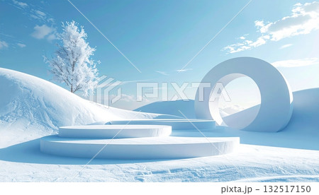 Christmas tree in the snow with a bright blue sky, white clouds, and cold winter light illuminating the nature landscape 132517150
