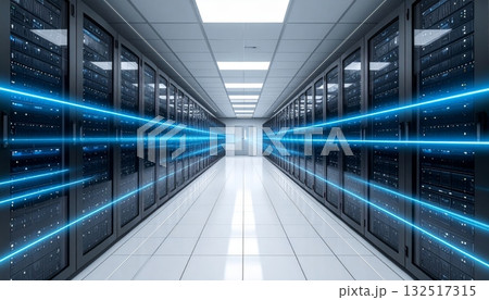Blue-lit data center corridor interior hallway with empty floor and modern ceiling design for business Blue-lit data center corridor interior hallway with empty floor and modern ceiling design for business 132517315