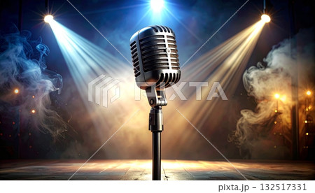 A classic chrome microphone stands on a stage, evoking the vintage sound of retro music and jazz entertainment 132517331