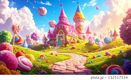 Brightly colorful lollipop design and pattern on a blue background perfect for a spring or summer party celebration card illustration 132517334