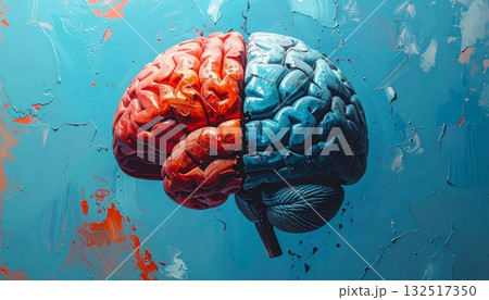 Human anatomy of the brain in 3D illustration on a blue or wooden background representing intelligence, mind, and medical science concepts Human anatomy of the brain in 3D illustration on a blue or wooden background representing intelligence, mind, and medical science concepts 132517350