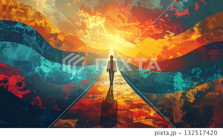 Dramatic orange and red sunset cloudscape landscape oil painting on canvas of a mountain view at dusk Dramatic orange and red sunset cloudscape landscape oil painting on canvas of a mountain view at dusk 132517420