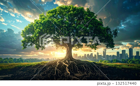 Beautiful nature landscape view of sunset over the river in a green summer forest park with blue sky, trees, and clouds 132517440