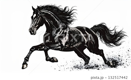 Black running mustang silhouette vector illustration on white: a powerful wild stallion galloping with flowing mane and tail, embodying speed and nature art 132517442