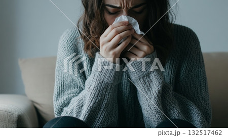 Suffering from a cold or flu, a young woman blows her nose with a tissue while sitting on a sofa, experiencing discomfort and the symptoms of illness 132517462