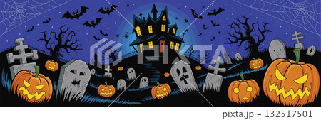 満月の夜に立つ不気味な洋館とかぼちゃランタンのハロウィンイラスト 満月の夜に立つ不気味な洋館とかぼちゃランタンのハロウィンイラスト 132517501