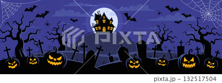 満月の夜に立つ不気味な洋館とかぼちゃランタンのハロウィンイラスト 満月の夜に立つ不気味な洋館とかぼちゃランタンのハロウィンイラスト 132517504