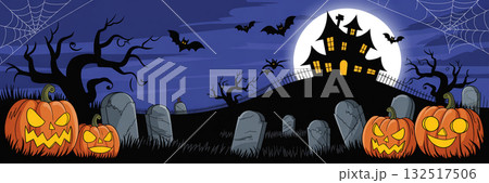 満月の夜に立つ不気味な洋館とかぼちゃランタンのハロウィンイラスト 132517506