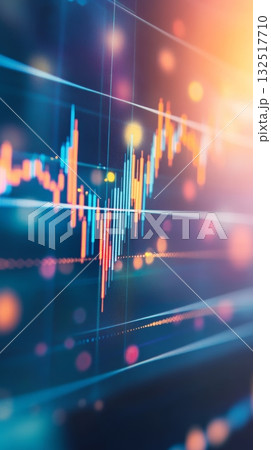 Colorful blurred background with financial chart showing growing bitcoin cryptocurrency values increasing with upward trend on monitor screen 132517710