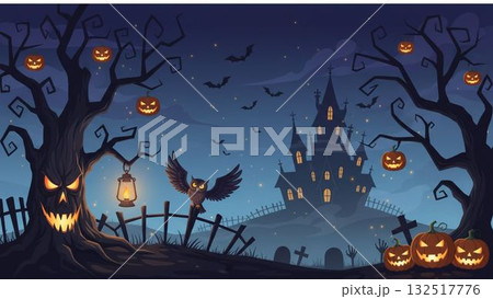満月の夜に立つ不気味な洋館とかぼちゃランタンのハロウィンイラスト 132517776
