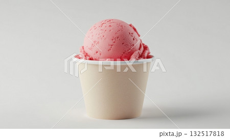 A scoop of pink ice cream in a paper cup. 132517818