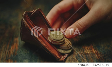 Hand counting coins from a leather wallet. Hand counting coins from a leather wallet. 132518049