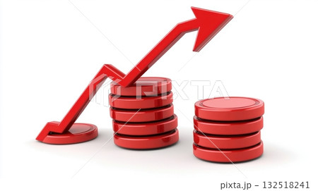 Red arrow pointing upwards above stacks of coins. Red arrow pointing upwards above stacks of coins. 132518241
