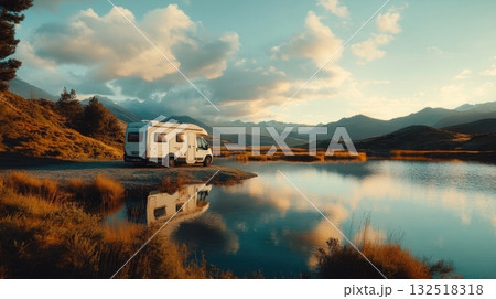 Scenic RV Campervan by Tranquil Lake. 132518318