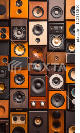 Different vintage audio speakers are creating a visually captivating wall, showcasing diverse designs and suggesting a powerful sound system for music enthusiasts and audiophiles Different vintage audio speakers are creating a visually captivating wall, showcasing diverse designs and suggesting a powerful sound system for music enthusiasts and audiophiles 132518610