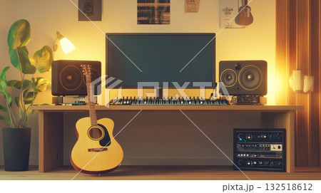 Modern home music studio featuring an acoustic guitar, mixing console, computer monitor, and speakers, creating a cozy, productive space for musicians and producers Modern home music studio featuring an acoustic guitar, mixing console, computer monitor, and speakers, creating a cozy, productive space for musicians and producers 132518612