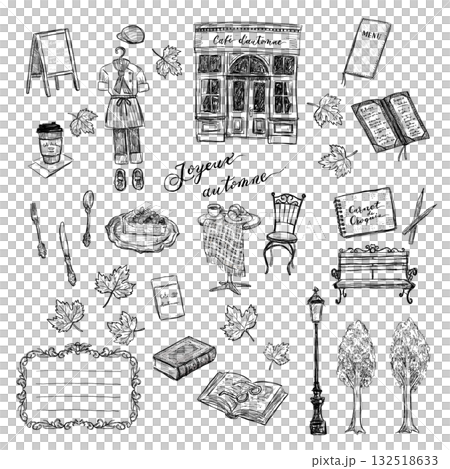 秋のカフェテラスと雑貨の線画イラストセット(透過PNG) 秋のカフェテラスと雑貨の線画イラストセット(透過PNG) 132518633