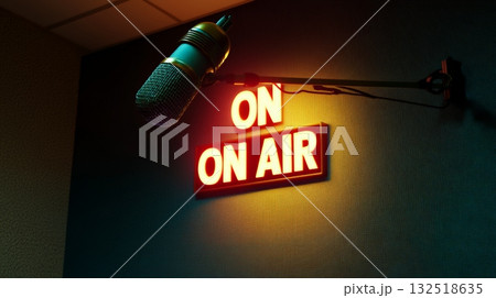 Professional microphone recording audio in a radio station with an on air sign illuminated, creating a vibrant atmosphere for broadcasting and communication 132518635