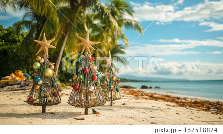 Tropical Christmas Trees on a Sandy Beach. 132518824