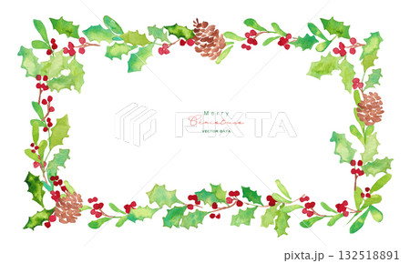 クリスマスのリースフレーム。水彩タッチのクリスマスベクターイラスト。柊とトナカイ。 132518891