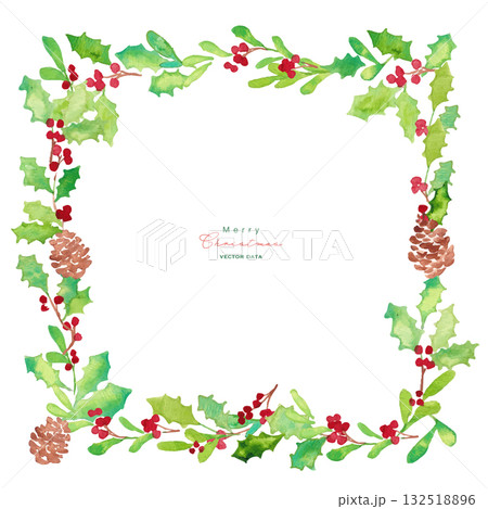 クリスマスのリースフレーム。水彩タッチのクリスマスベクターイラスト。柊とトナカイ。 132518896