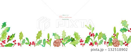 クリスマスのリースフレーム。水彩タッチのクリスマスベクターイラスト。柊とトナカイ。 132518902