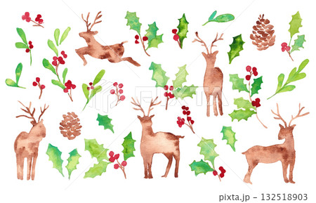 クリスマスのリースフレーム。水彩タッチのクリスマスベクターイラスト。柊とトナカイ。 132518903
