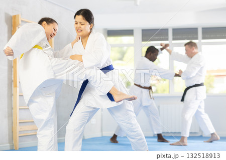 Adult and young women training judo techniques 132518913