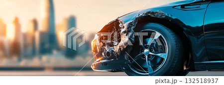 Front of a damaged vehicle showing extensive damage after a collision, highlighting the dangers of city driving during rush hour, with a blurred cityscape in the background at sunset 132518937