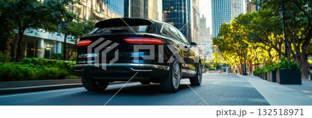 Modern black suv driving on a city street with green trees and skyscrapers in the background, showcasing urban mobility and luxury transportation Modern black suv driving on a city street with green trees and skyscrapers in the background, showcasing urban mobility and luxury transportation 132518971