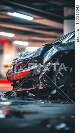 Severely damaged car resting in a parking garage, showcasing the aftermath of a serious accident and emphasizing the importance of insurance coverage for unexpected incidents 132519042