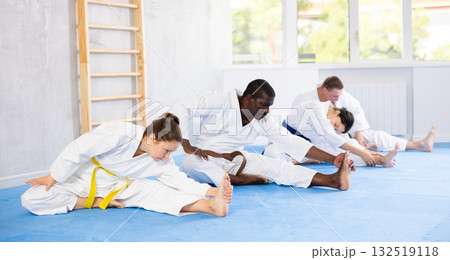 Teacher and cosmopolite followers perform warm-up exercises and legs stretching 132519118