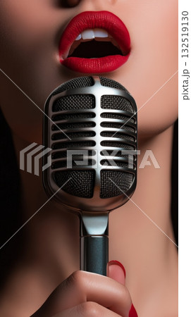 Close up image capturing a passionate singer performing with a vintage microphone, vibrant red lipstick accentuating her expression while delivering a powerful vocal performance 132519130
