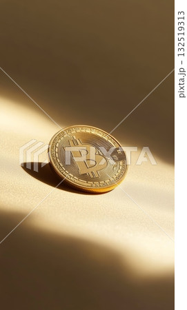 Golden bitcoin sits on a surface, illuminated by dramatic lighting, creating an intriguing visual representation of cryptocurrency and its potential impact on finance 132519313