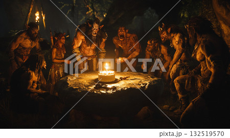 ライトアップされた夜の焚き火 132519570