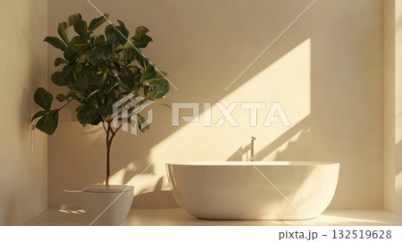 modern minimalist bathroom interior design with freestanding tub 132519628