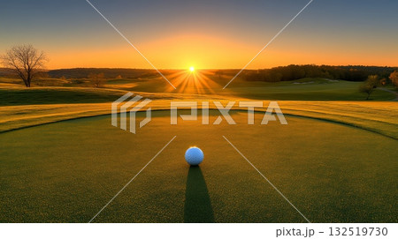 Pristine white golf ball sits on a lush green putting green, bathed in the golden light of a breathtaking sunrise, with rolling hills and trees of a picturesque golf course in the background 132519730