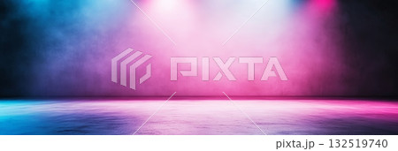 Blue and pink neon lights are illuminating smoke or fog in an empty concrete room, creating a vibrant and atmospheric backdrop, perfect for showcasing products or designs 132519740