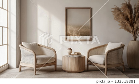 minimalist living room with rattan chairs and wheat field art 132519881