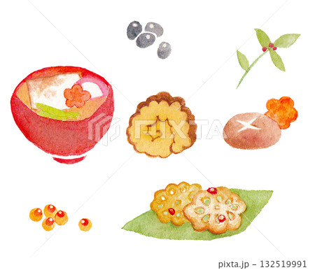 水彩イラスト おせち料理セット / お雑煮・伊達巻・梅・南天・黒豆・和食素材 水彩イラスト おせち料理セット / お雑煮・伊達巻・梅・南天・黒豆・和食素材 132519991