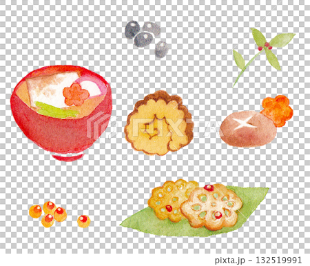 水彩イラスト おせち料理セット / お雑煮・伊達巻・梅・南天・黒豆・和食素材 水彩イラスト おせち料理セット / お雑煮・伊達巻・梅・南天・黒豆・和食素材 132519991
