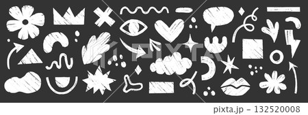 Crayon brush sticker cute organic line shape set. Hand drawn sketch doodle scribble paint brush geometric figure crayon chalkboard. Abstract arrow, circle heart, chalk elements. Vector Crayon brush sticker cute organic line shape set. Hand drawn sketch doodle scribble paint brush geometric figure crayon chalkboard. Abstract arrow, circle heart, chalk elements. Vector 132520008