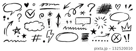 Line arrow, frame, underline sketch elements set. Hand drawn crayon pencil, texture brush stroke scribble doodle elements. Marker arrow, chalk sketch square, grunge check mark. Vector 132520010