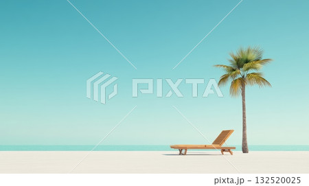 Minimalist tropical beach with wooden sunbed under palm tree inviting to relax on the white sand with turquoise sea and clear sky on background in summer 132520025